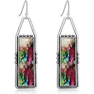 Red GreenHandmade Bohemian Tribal Retro Colorful Square Bar Dangle Drop Earring